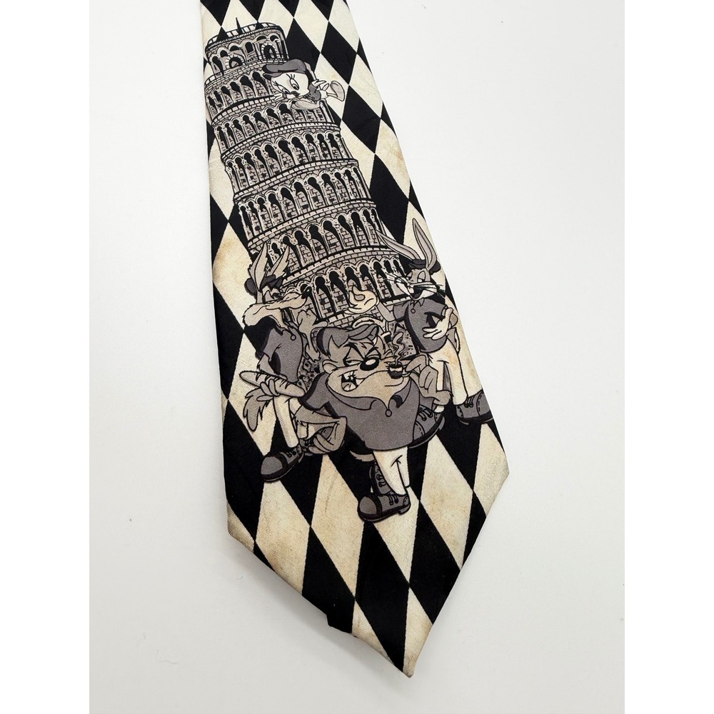 Vintage 1996 Looney Tunes Mania Bugs Bunny Taz Leaning Tower of Pisa Tie Black